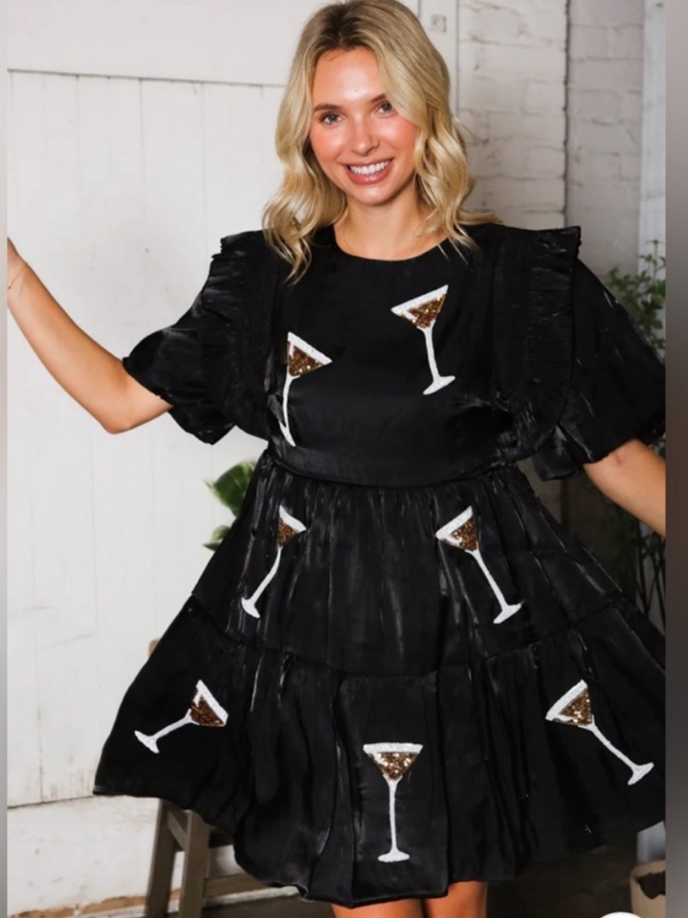Peach Love California Black Cocktail Dress with Martini Glass Design